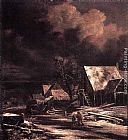 Moonlight Canvas Paintings - Village at Winter at Moonlight